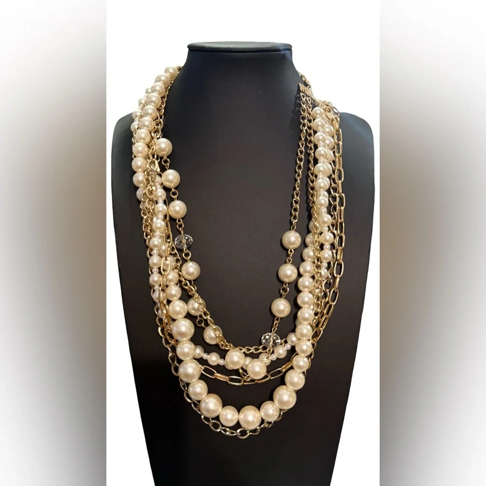Multi-Strand Gold-Tone Faux Pearl and Chain Layered Necklace
